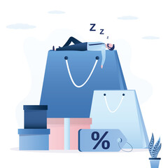 Business break, burnout and fatigue from shopping. Male consumer tired of online shopping process. Businessman or client sleeping on giant shopping bags after discount sales.