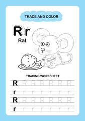 Illustration Isolated Animal Alphabet Trace and color Letter R-Rat