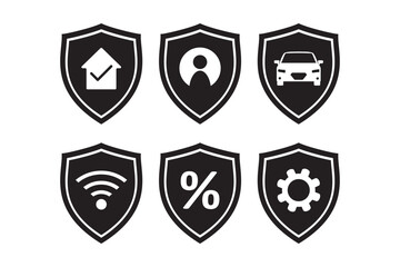 Lock internet security icon, Set of security shield icons with check mark, padlock, car and others. Black shield sign isolated on white background. Safety, protection sign.