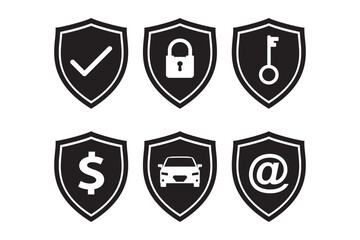 Lock internet security icon, Set of security shield icons with check mark, padlock, car and others. Black shield sign isolated on white background. Safety, protection sign.