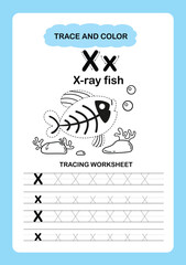 Illustration Isolated Animal Alphabet Trace and color Letter X-x ray fish
