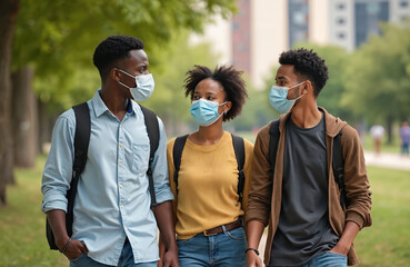 Fototapeta premium Young African people walking in park wearing protective face masks. Smiling diverse students in summer. Friends, classmates spend time outdoors together. Pandemic health safety, flu prevention,