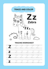 Illustration Isolated Animal Alphabet Trace and color Letter Z-Zebra