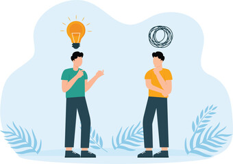 Proactive and reactive thinking, Simplify idea to solve difficulty problems concept, businessmen discussing work using creativity solving messy line into light bulb idea.
