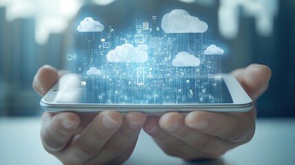 Mobile technology concept, graphic of smartphone with advanced technology and user interface.