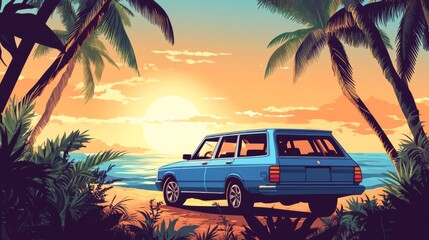 Summer sunset by the sea, vintage station wagon by the beach.