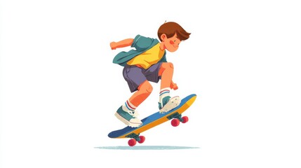 Dynamic children playing skateboard, cartoon hand-drawn illustrations.