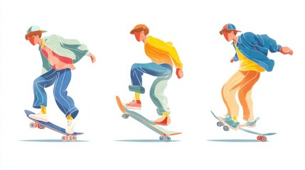 Fototapeta premium Dynamic children playing skateboard, cartoon hand-drawn illustrations.