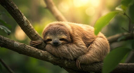 Fototapeta premium Cute Brown Sloth Resting Peacefully on Tree Branch in Tropical Forest