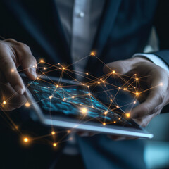 CMS. Businessman using a tablet on a global network connection on internet-based platforms and applications with real-time access to data and development of content management systems (CMS).