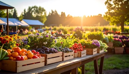 Sunny Outdoor Market Display of Fresh Fruits and Vegetables