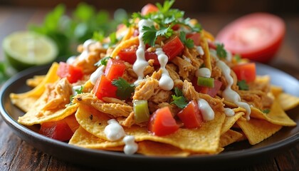 Delicious chicken fajita nachos with crispy tortilla chips. Topped with shredded chicken, sauteed peppers onions, melted cheese, diced tomatoes, drizzled sour cream. Perfect appetizer, dinner.