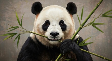 Fototapeta premium Gentle Panda Eating Green Bamboo Branches in Studio Setting
