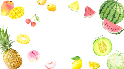 水彩で描いた夏のフルーツのフレーム