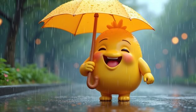 Cute animated umbrella character smiles in rainy city street. Cheerful cartoon weather scene with droplets and colourful fantasy urban whimsical friendly elements. Happy raining time.