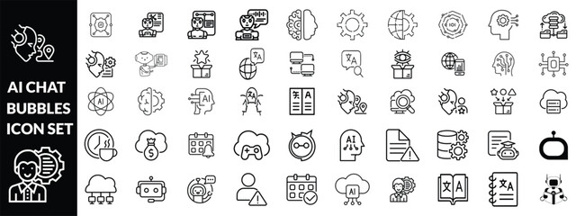 AI chat bubbles icon set . Artificial Intelligence machine Learning and chat bot thin line icon set - editable stroke
