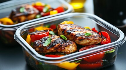 Healthy meal prep containers filled with seasoned chicken and colorful vegetables