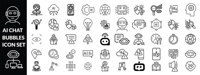AI chat bubbles icon set . Artificial Intelligence machine Learning and chat bot thin line icon set - editable stroke