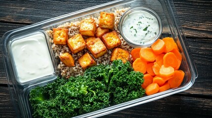 Healthy meal prep container with tofu, grains, and vegetables.  Includes a creamy sauce and vibrant carrots