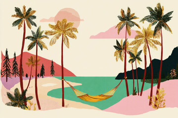 Obraz premium A peaceful beach offers clear waters, swaying palm trees, and a cozy hammock, creating the perfect spot for relaxation as the sun sets on the horizon with soft pastel colors