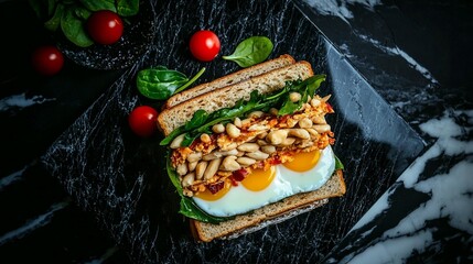 Hearty sandwich with toasted bread, spinach, pine nuts, and fried eggs