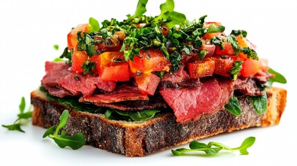 Hearty sandwich with sliced roast beef, diced tomatoes, fresh herbs, and greens on a toasted bread slice