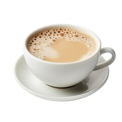 Fototapeta premium Cup of Hot Milk Tea in White Ceramic Saucer Isolated on White Background