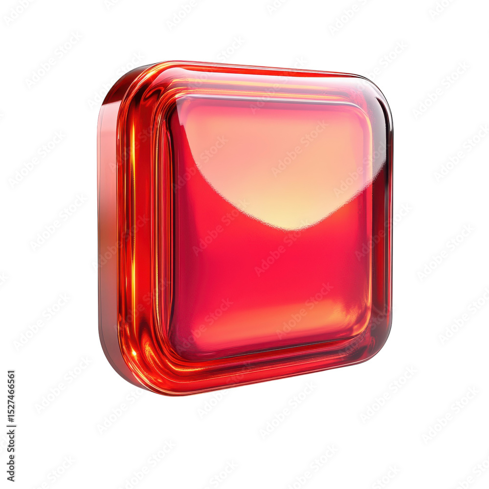 Poster red glassy square button modern interface element design shiny 3d on transparent background