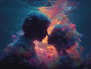 Side view of a romantic underwater embrace, vivid coral reefs, surreal bubbles enhancing emotions, dreamy light filtering through waves