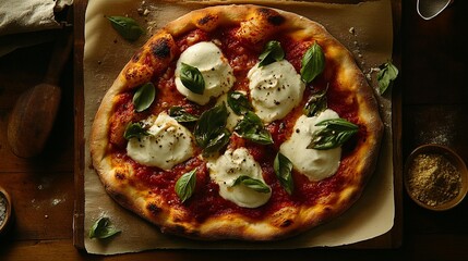 Homemade pizza with creamy mozzarella, fresh basil, and a rich tomato sauce.  A rustic, artisanal style