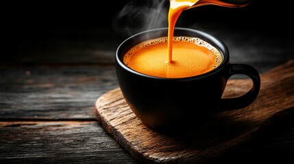 Hot coffee being poured into a black mug on a wooden surface. Steam rising