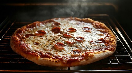 Hot, freshly baked pepperoni pizza steaming on a metal oven rack