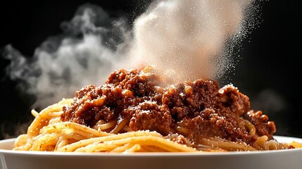 Hot, steaming spaghetti with meat sauce, sprinkled with spices.  Aromatic, freshly cooked, and ready to eat