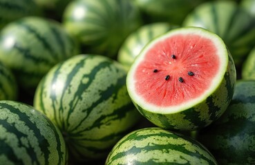 Close-up shot of sliced open watermelon on top of other whole watermelons. Ripe red pulp with black seeds against green and white striped rind. Summer fruit, healthy food concept.