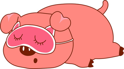 An adorable cartoon pink pig peacefully sleeping with a sleep mask on.