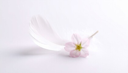 Delicate White Feather and Pink Blossom on White Background Spring Nature Photography.