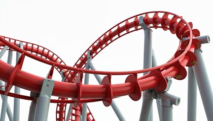 Illustration shows roller coaster track with red rails against white background. Amusement park ride represents excitement thrill. Curve, loop design signifies speed adrenaline rush. Theme park