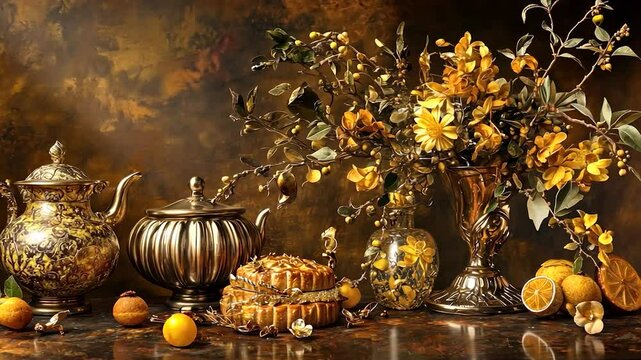 Still life of ornate gold and yellow objects on a dark surface