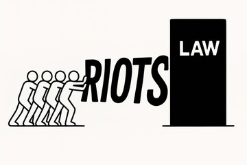 stick figures pushing riots text into wall labeled law in minimalist concept