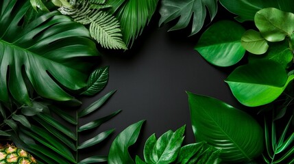 Lush green tropical leaves arranged in a circle frame on a dark background
