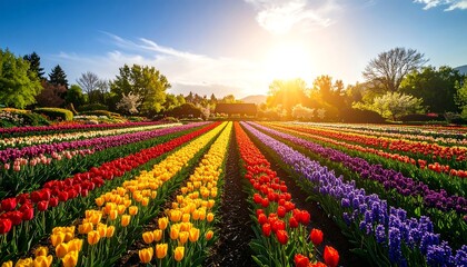 Colorful Tulip Field at Sunset