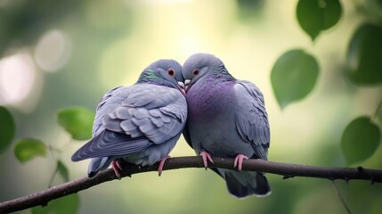 Obraz premium Two doves, heads touching, perched on a branch