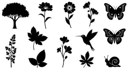 Silhouetted Floral Botanical Illustration with Trees, Flowers, and Butterfly on Transparent Background