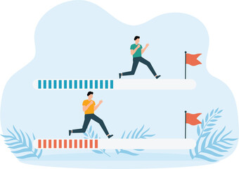 Progress or journey to success or achieve goal, business step or career path, mission or challenge to succeed, improvement on progress bar to achieve success flag.
