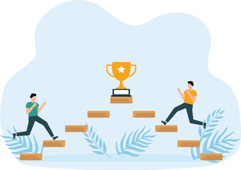 Business competition and employee motivation to success and rivalry or conflict and contest or challenge to achieve target, effort and walk up stair compete to win trophy.

