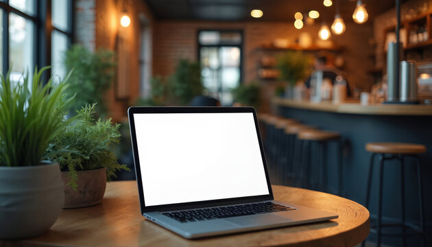 Laptop with blank white screen on table in cafe. Modern design with wood and plants. Empty workspace with copy space for web, online, business, tech, work, digital, home, office, communication.