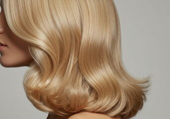 Naklejka premium Long wavy blond hair of a caucasian woman. Concept of hair care, beauty, treatment, and style for salon presentation.