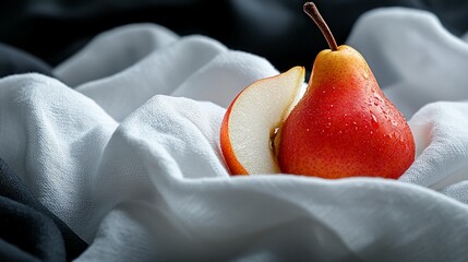 Red pear on white fabric with a slice