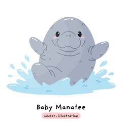 Cute manatee sea cow dugong cartoon illustration vector