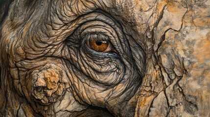 Close-up of an elephant's eye and wrinkled skin.  Detailed texture of aged skin around an amber eye